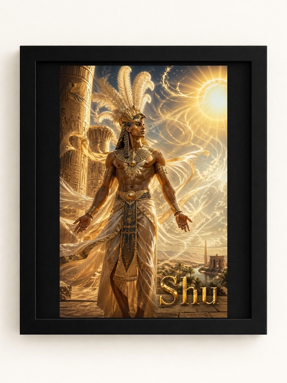 Hand Crafted Shu Egyptian Deity Art Print - Gold & Black
